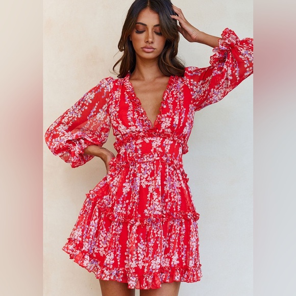 Selfie Leslie Dresses & Skirts - **HP** Laney Cutout-Back Ruffle Detail Boho Red Floral Dress